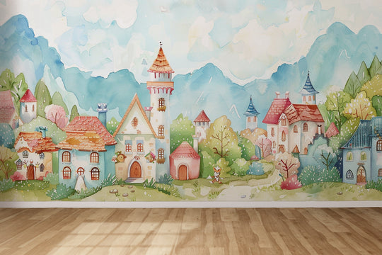 Évasion Imaginaire : Papier Peint Village Fantastique pour Enfants - Illulart: Papier peint panoramique
