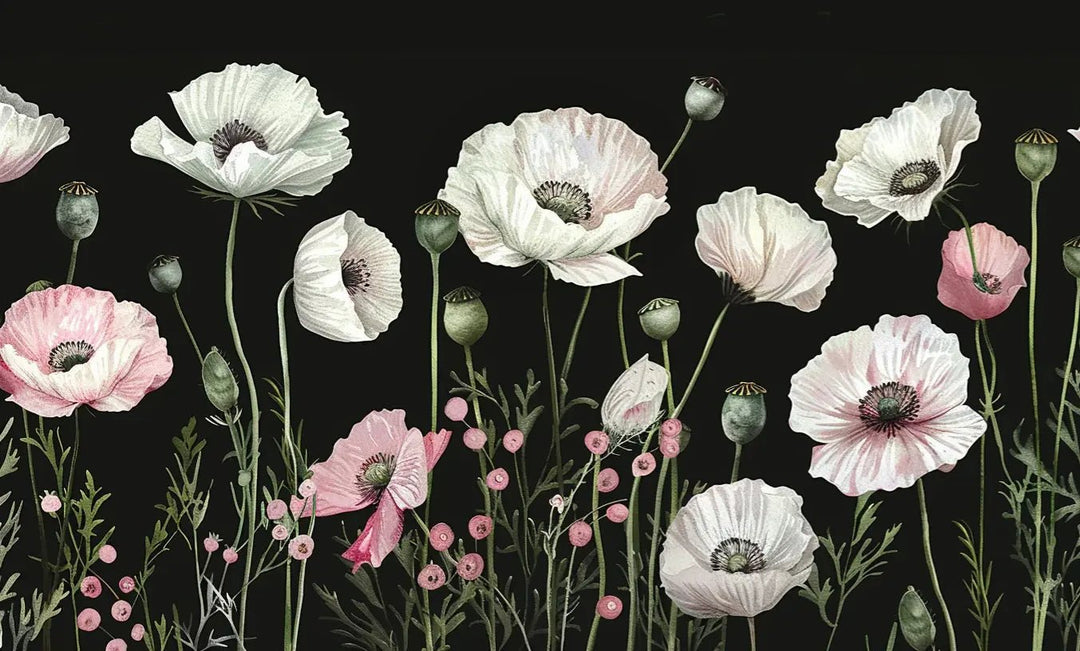 Éveil Floral : Coquelicots Blancs et Roses en Contraste - Illulart: Papier peint panoramique