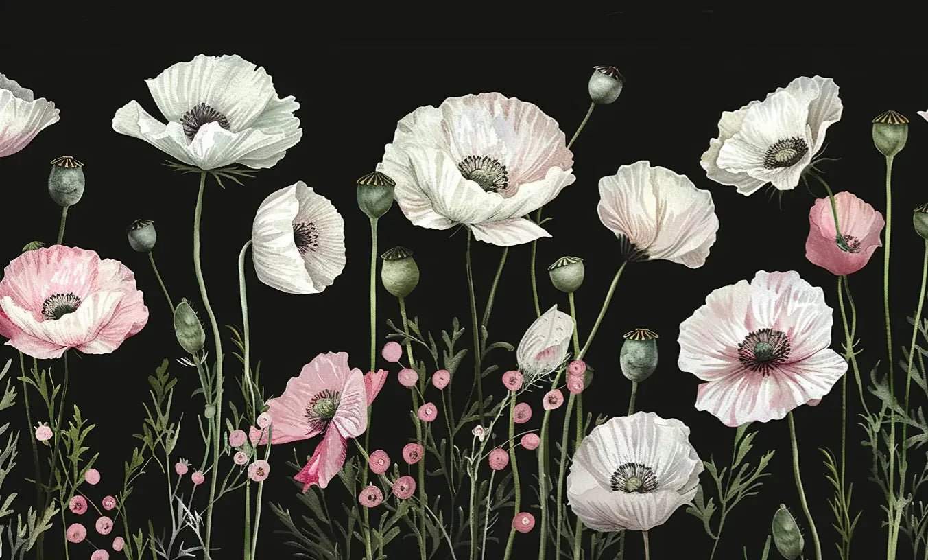 Éveil Floral : Coquelicots Blancs et Roses en Contraste - Illulart: Papier peint panoramique