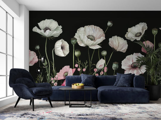 Éveil Floral : Coquelicots Blancs et Roses en Contraste - Illulart: Papier peint panoramique