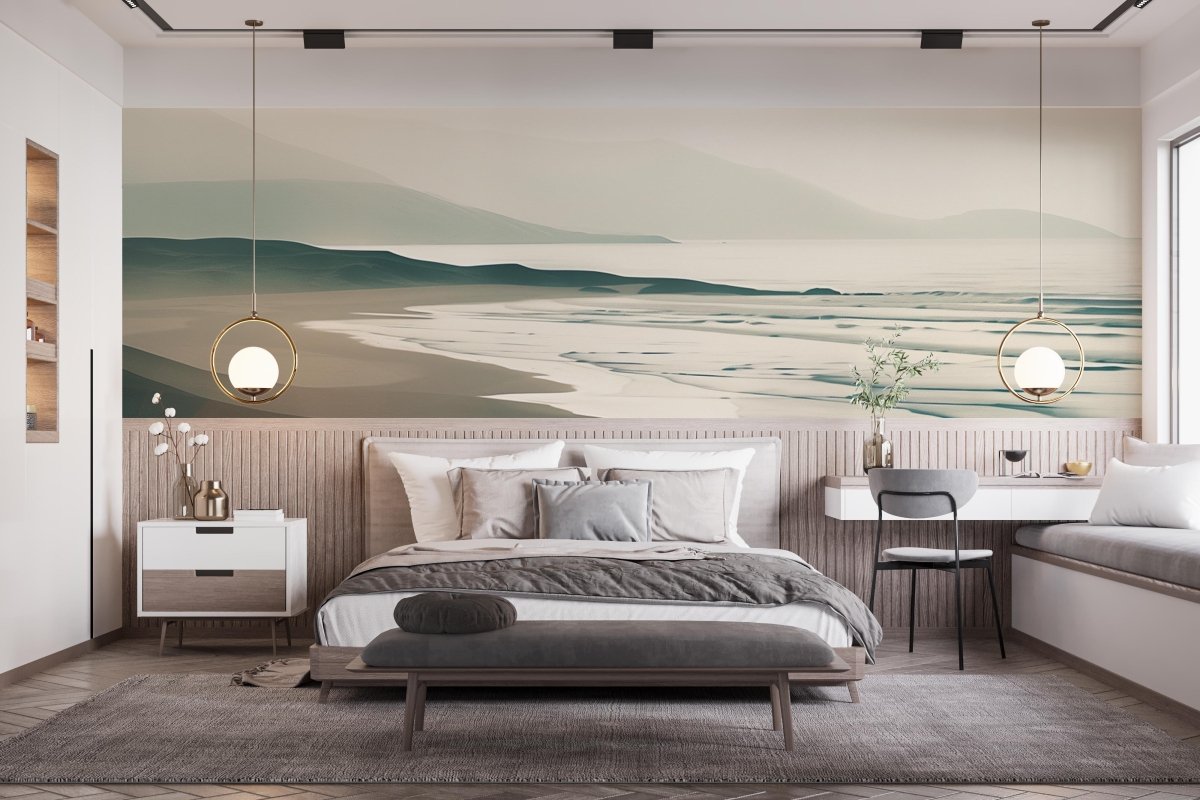 Face à l'Océan – Papier Peint Plage et Montagnes en Brume - Illulart: Papier peint panoramique