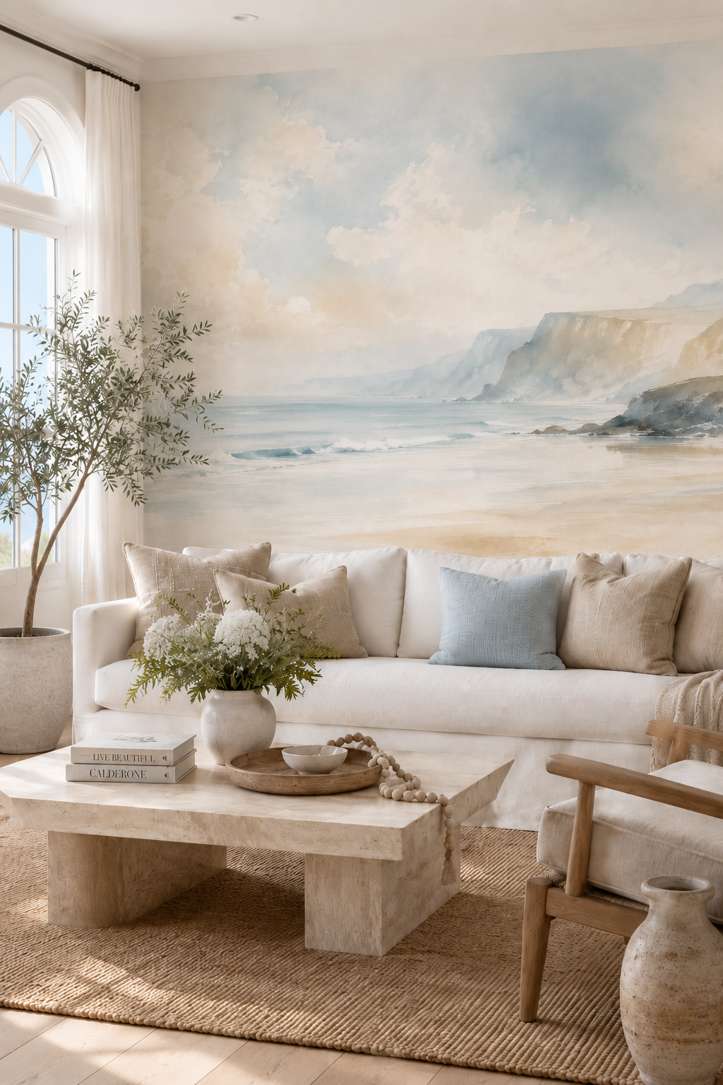 Papier peint panoramique aquarelle représentant des falaises lumineuses au bord de la mer sous un ciel doux et nuageux