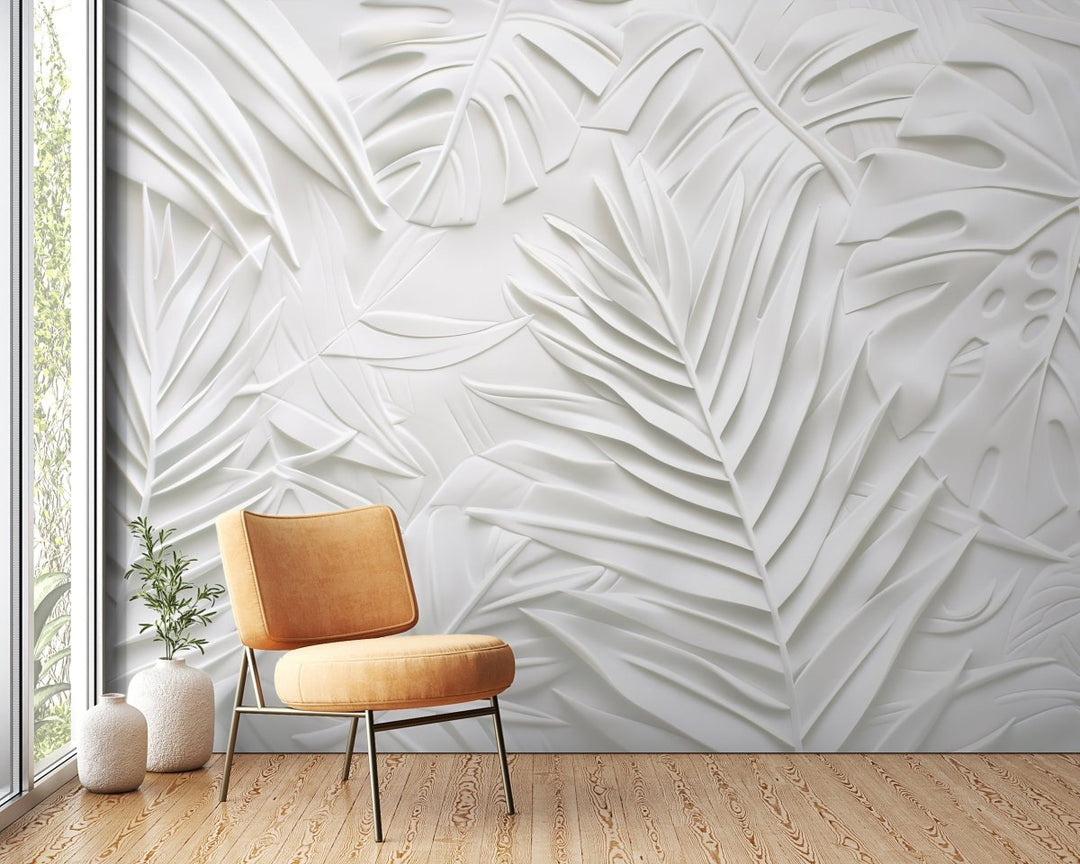 Feuillage 3D Blanc – Décor Mural Texturé - Illulart: Papier peint panoramique