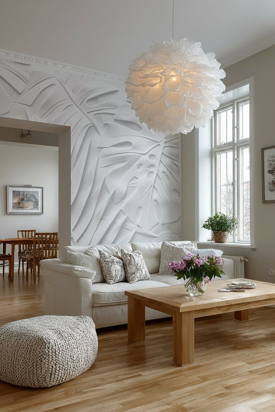 Feuillage 3D Blanc – Décor Mural trompe l'oeil avec effet de relief - Illulart: Papier peint panoramique