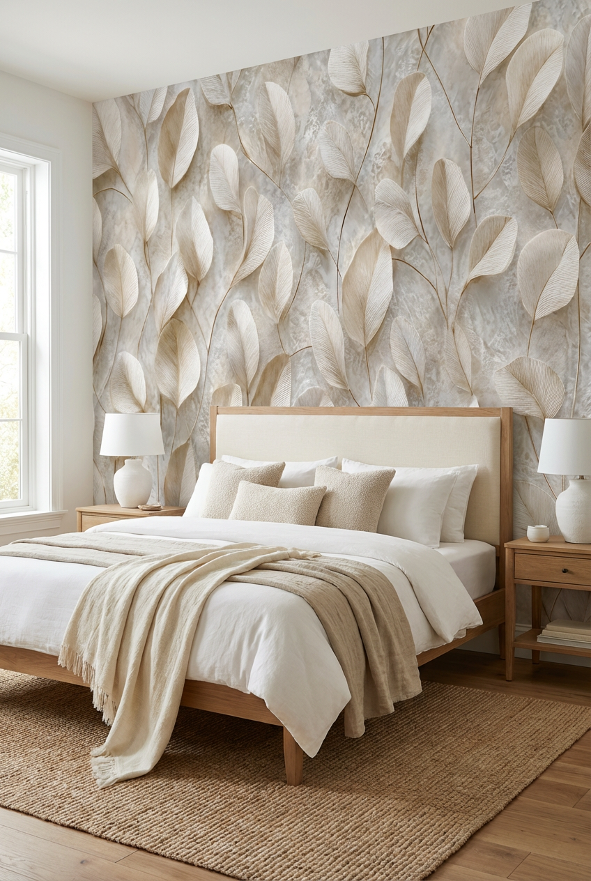 Papier peint panoramique de feuilles nacrées sur fond minéral beige et blanc, décor végétal raffiné et lumineux