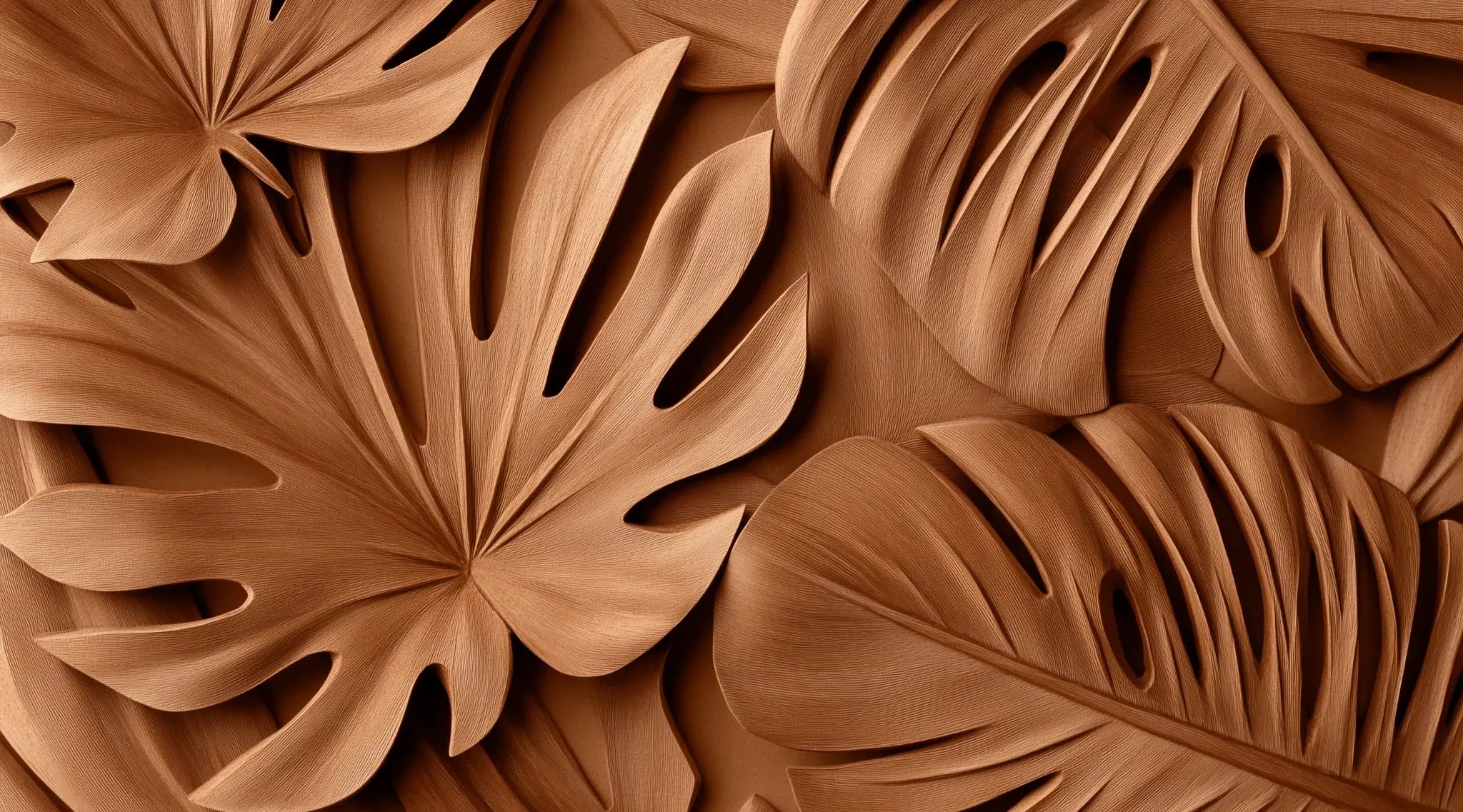 Feuilles exotiques terracotta : Papier peint effet 3D - Illulart: Papier peint panoramique