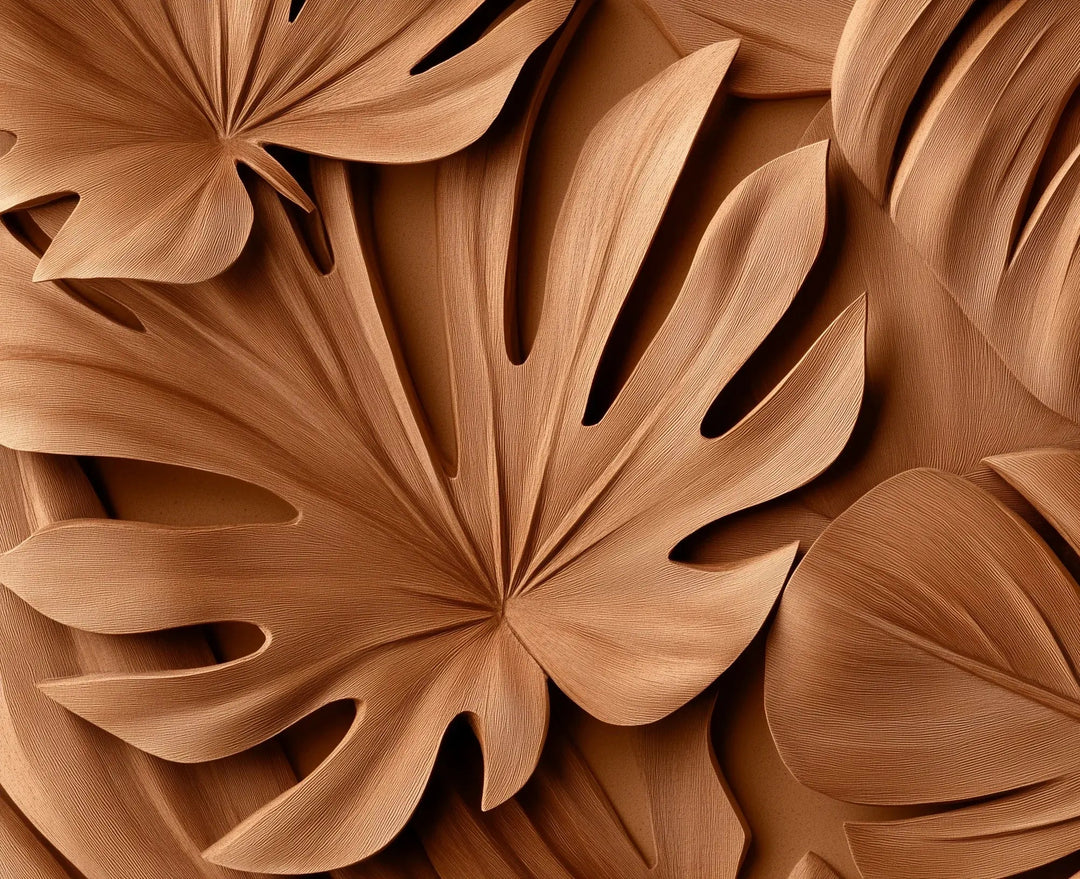 Feuilles exotiques terracotta : Papier peint effet 3D - Illulart: Papier peint panoramique