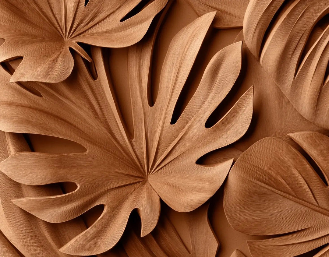 Feuilles exotiques terracotta : Papier peint effet 3D - Illulart: Papier peint panoramique
