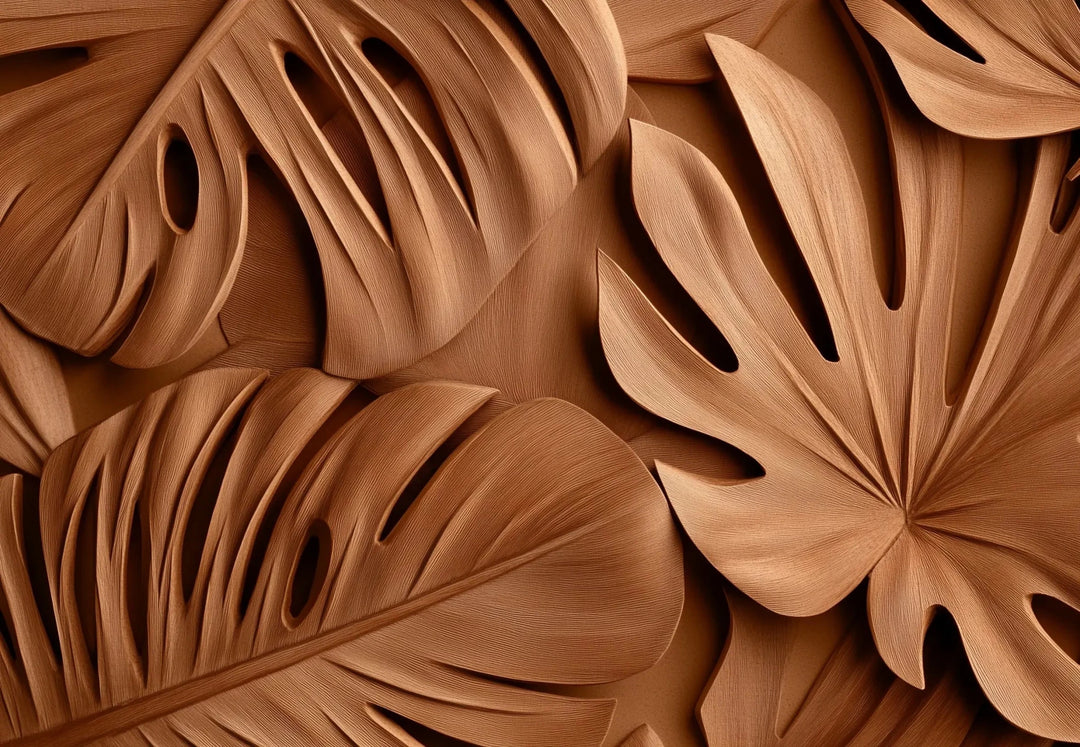 Feuilles exotiques terracotta : Papier peint effet 3D - Illulart: Papier peint panoramique