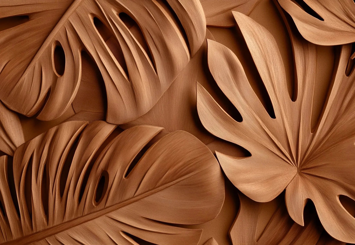 Feuilles exotiques terracotta : Papier peint effet 3D - Illulart: Papier peint panoramique
