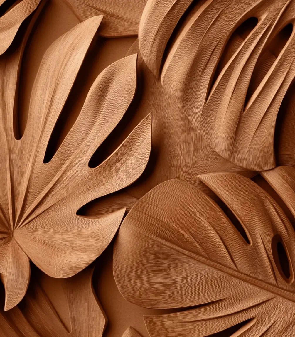 Feuilles exotiques terracotta : Papier peint effet 3D - Illulart: Papier peint panoramique