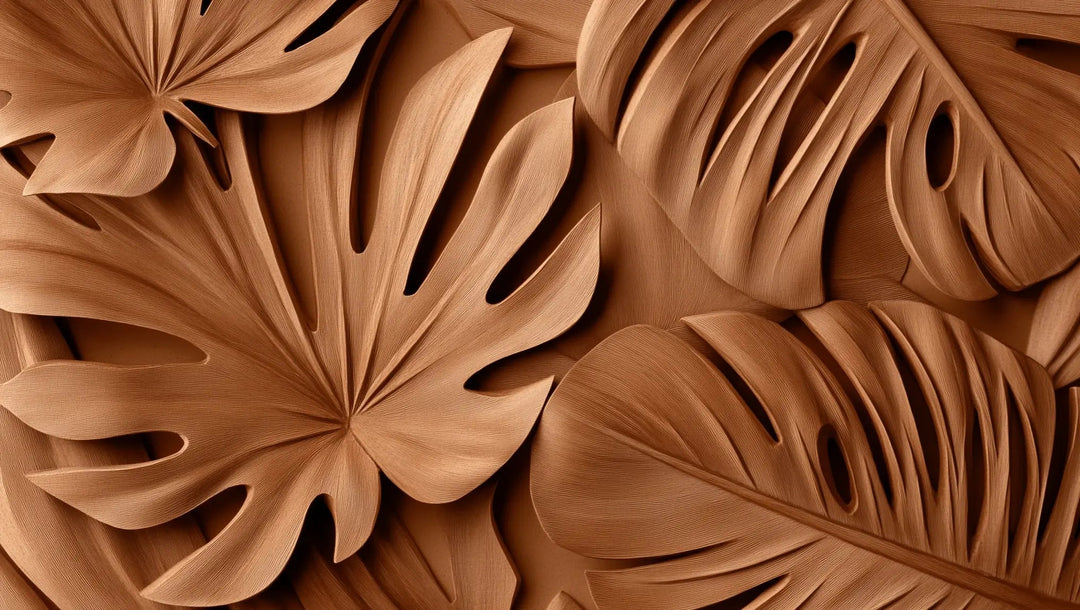 Feuilles exotiques terracotta : Papier peint effet 3D - Illulart: Papier peint panoramique