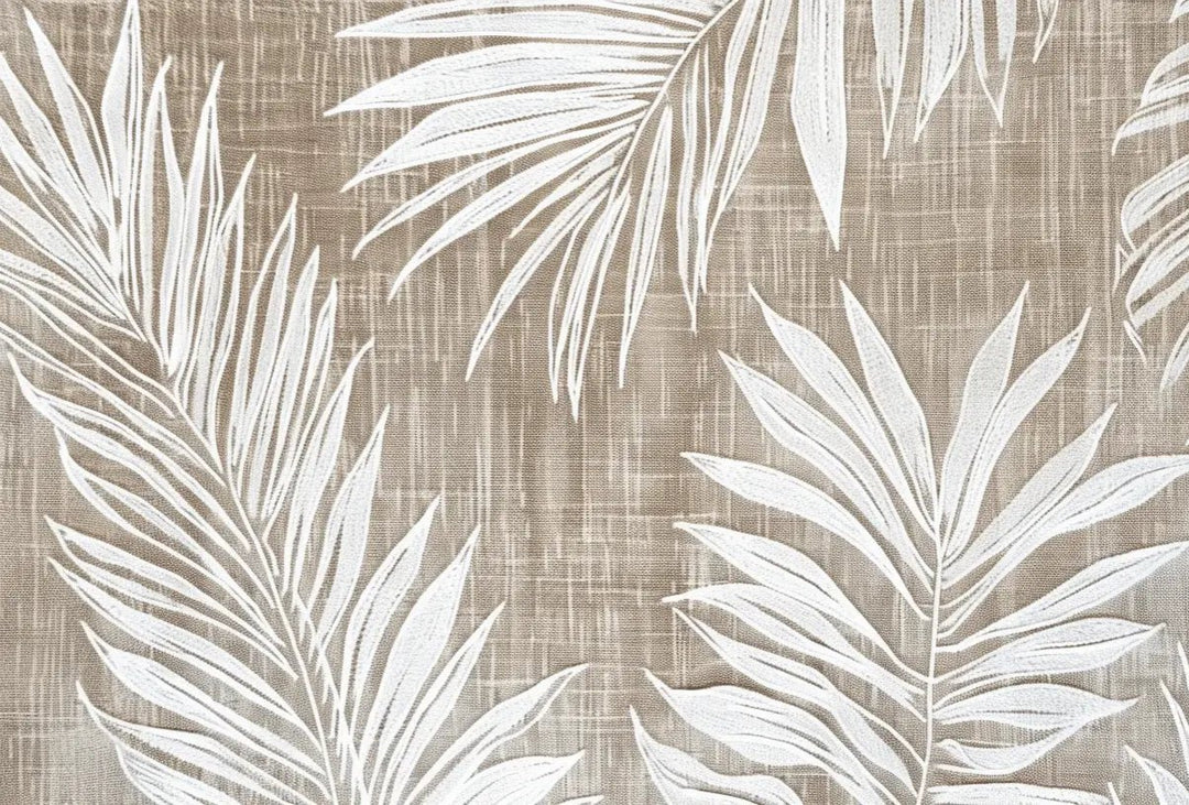 Feuilles Intemporelles : Papier peint feuilles blanches sur lin taupe - Illulart: Papier peint panoramique