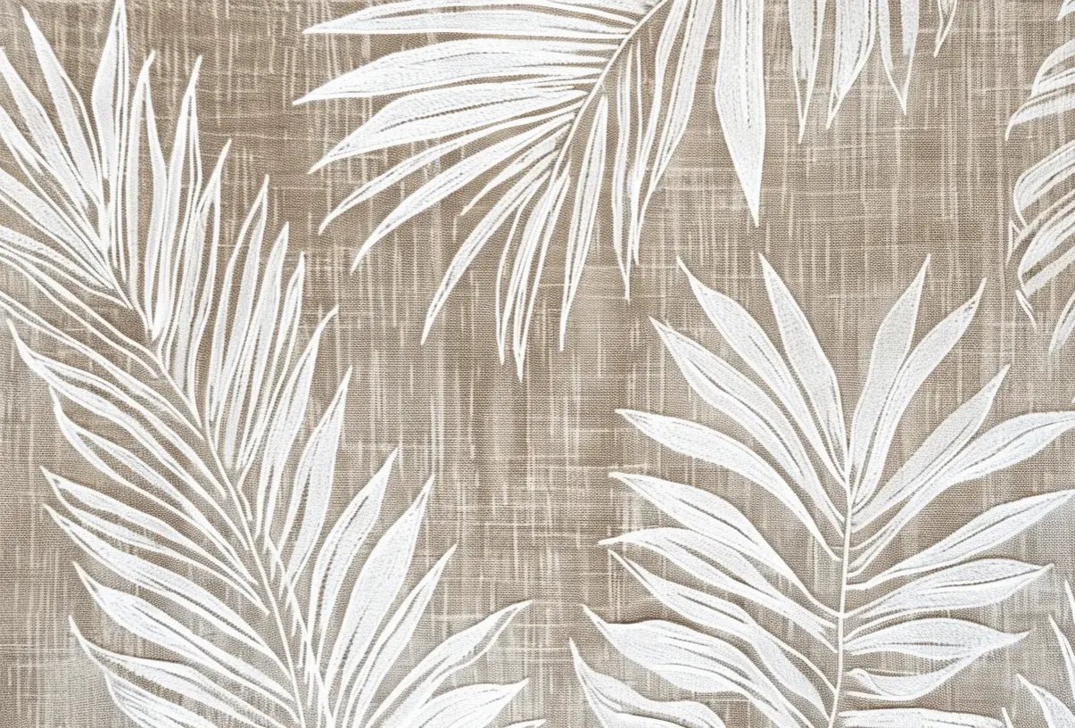 Feuilles Intemporelles : Papier peint feuilles blanches sur lin taupe - Illulart: Papier peint panoramique