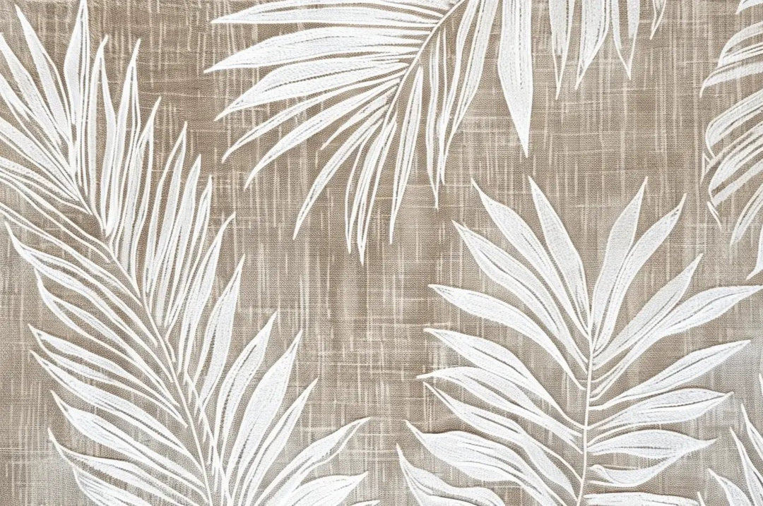 Feuilles Intemporelles : Papier peint feuilles blanches sur lin taupe - Illulart: Papier peint panoramique