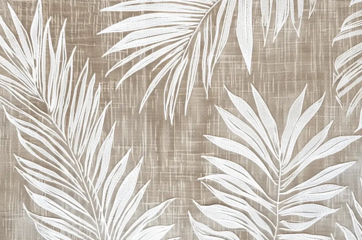 Feuilles Intemporelles : Papier peint feuilles blanches sur lin taupe - Illulart: Papier peint panoramique