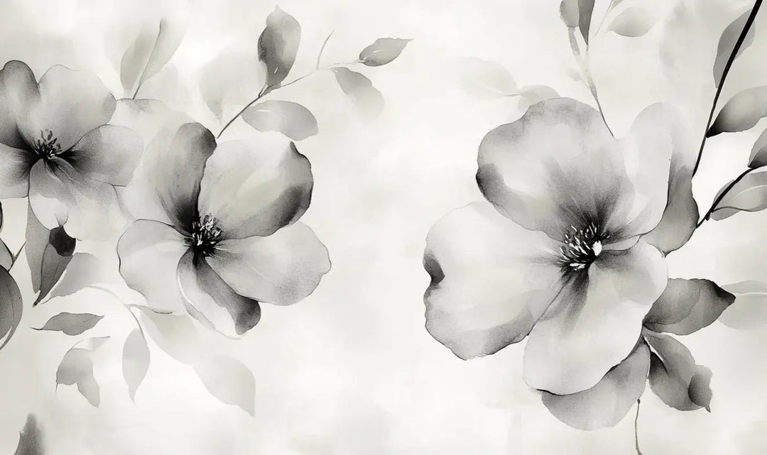 Fleurs de Brume - Effet Aquarelle en Gris Nuancé - Illulart: Papier peint panoramique
