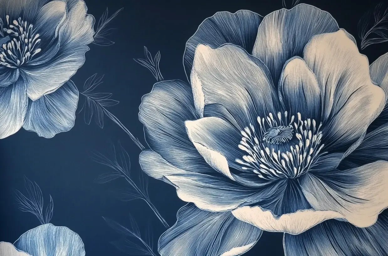 Fleurs de Minuit - Papier Peint Bleu Profond | Élégance Intemporelle - Illulart: Papier peint panoramique