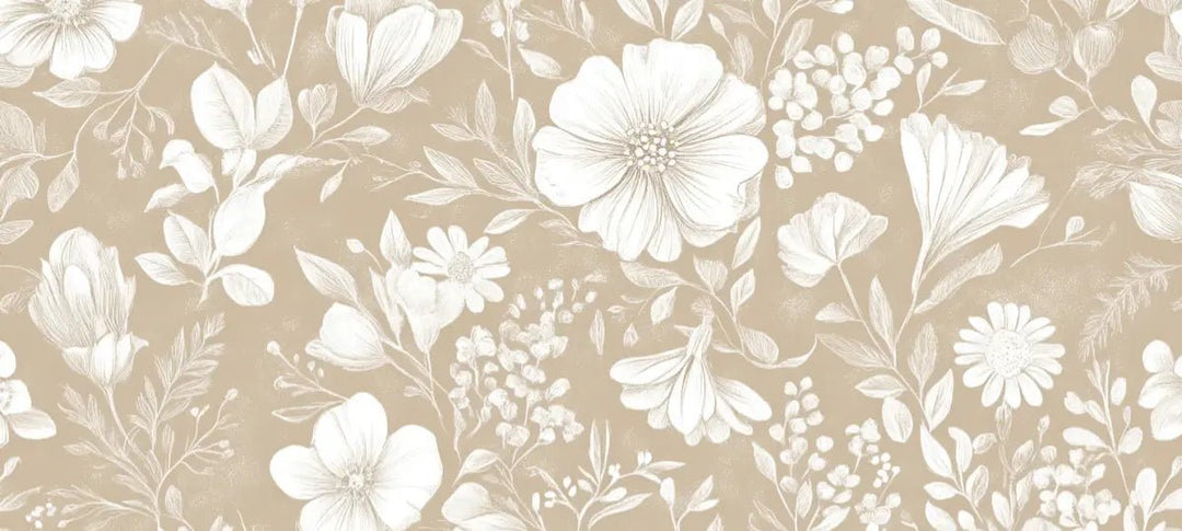 Floraison Bohème - Papier Peint Floral Élégant en Beige - Illulart: Papier peint panoramique