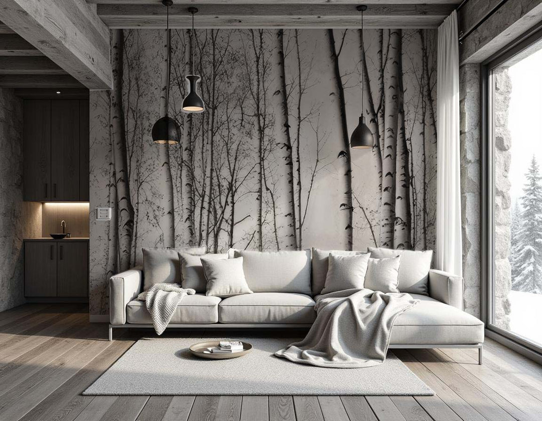 Forêt de bouleaux – Papier peint boisé en noir et blanc - Illulart: Papier peint panoramique