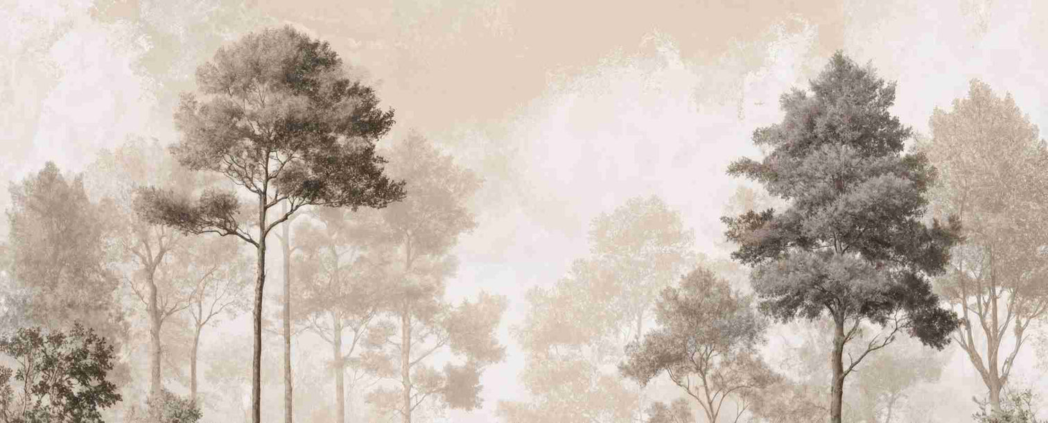 Forêt des Silences – Papier Peint Arbres Enveloppés de Brume Douce en Sépia - Illulart: Papier peint panoramique