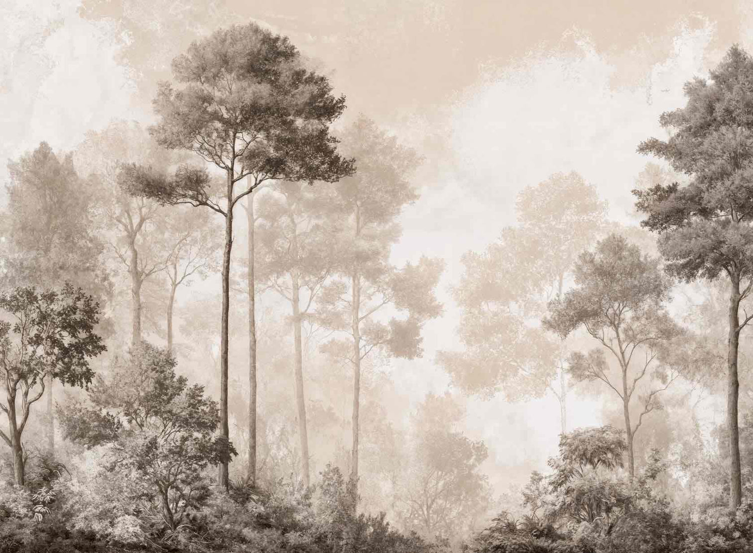 Forêt des Silences – Papier Peint Arbres Enveloppés de Brume Douce en Sépia - Illulart: Papier peint panoramique