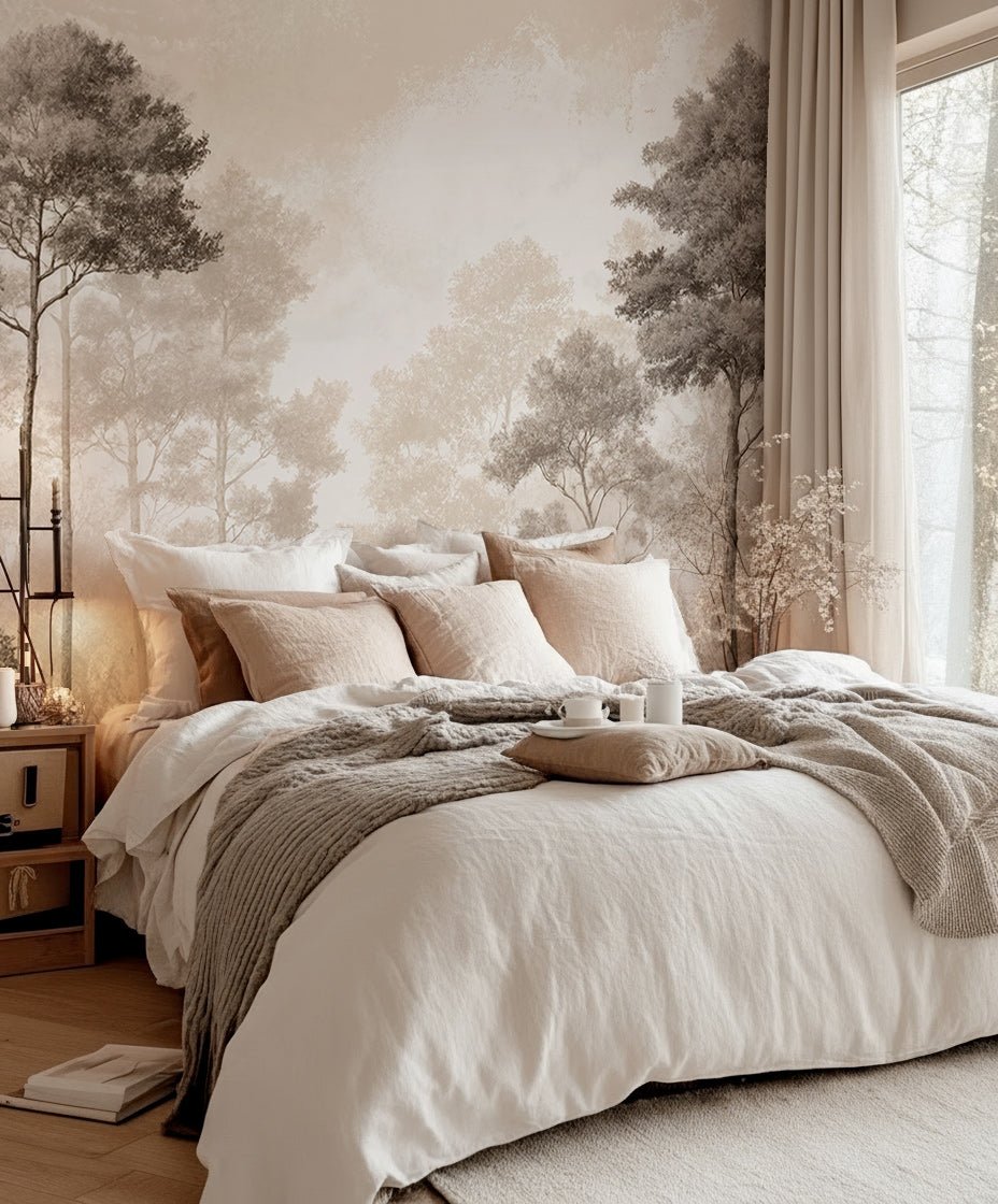 Forêt des Silences – Papier Peint Arbres Enveloppés de Brume Douce en Sépia - Illulart: Papier peint panoramique