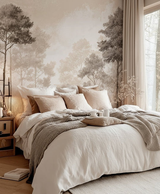 Forêt des Silences – Papier Peint Arbres Enveloppés de Brume Douce en Sépia - Illulart: Papier peint panoramique