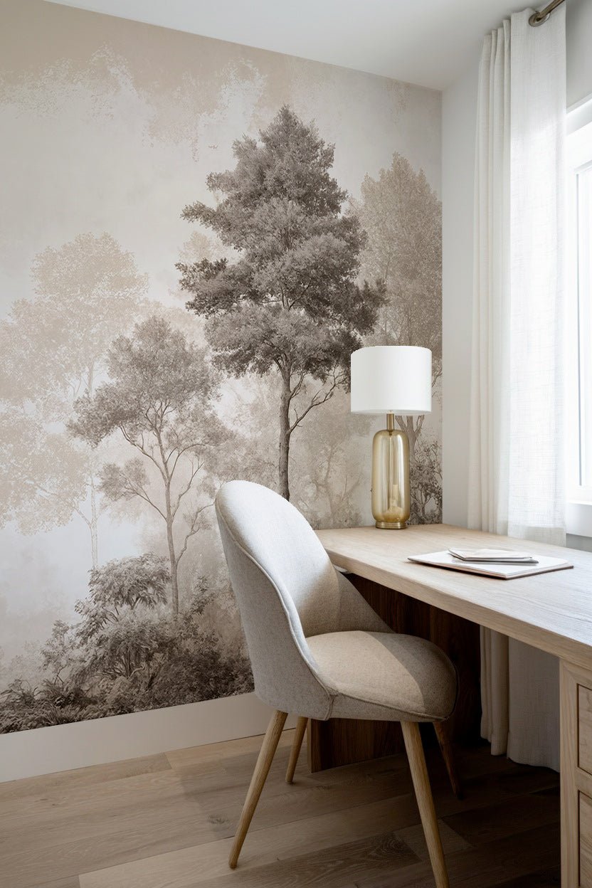 Forêt des Silences – Papier Peint Arbres Enveloppés de Brume Douce en Sépia - Illulart: Papier peint panoramique