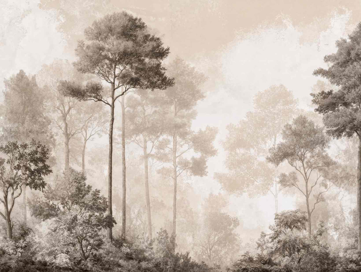 Forêt des Silences – Papier Peint Arbres Enveloppés de Brume Douce en Sépia - Illulart: Papier peint panoramique