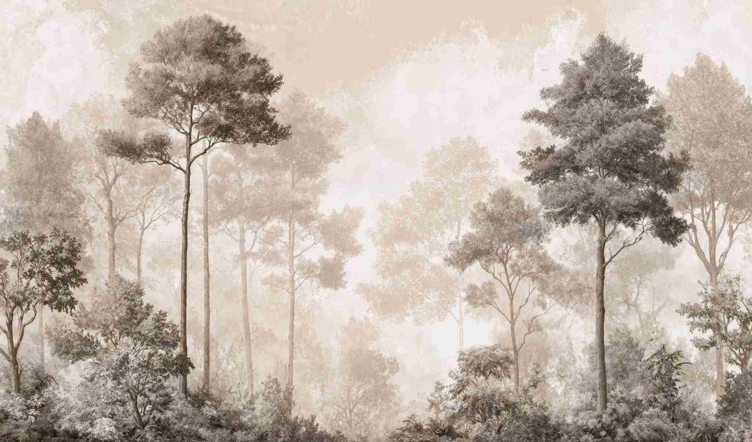 Forêt des Silences – Papier Peint Arbres Enveloppés de Brume Douce en Sépia - Illulart: Papier peint panoramique
