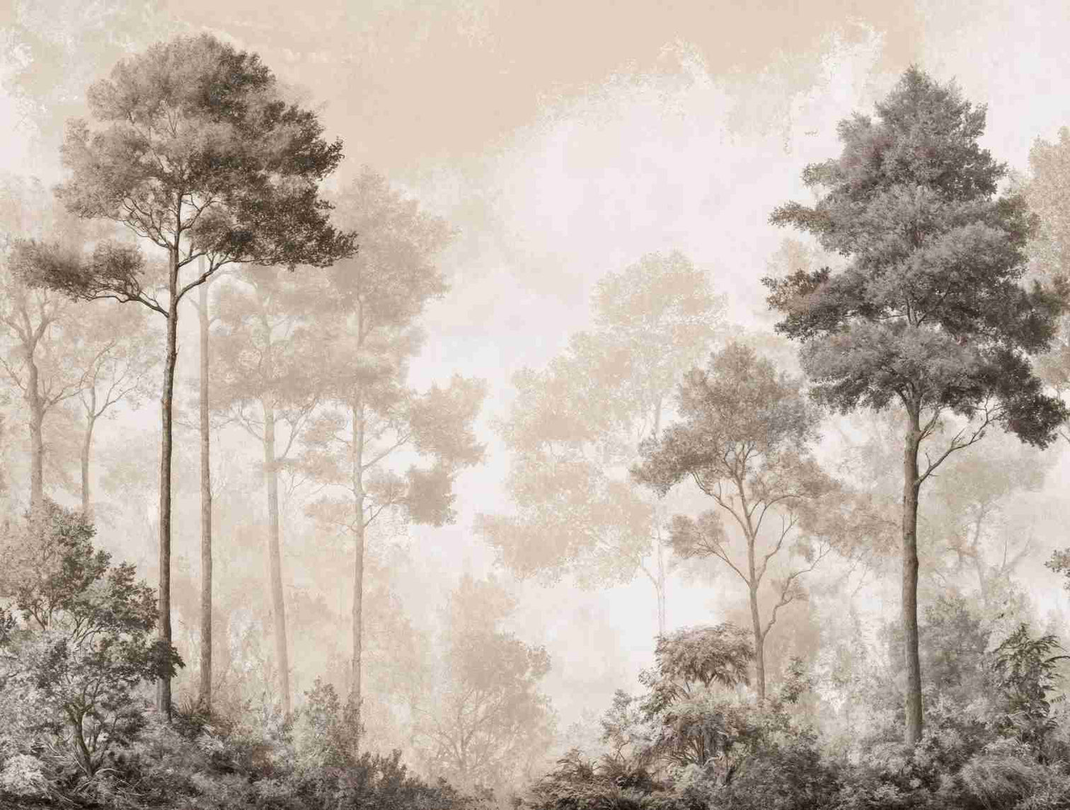 Forêt des Silences – Papier Peint Arbres Enveloppés de Brume Douce en Sépia - Illulart: Papier peint panoramique