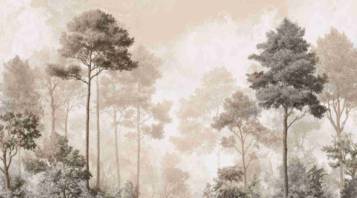 Forêt des Silences – Papier Peint Arbres Enveloppés de Brume Douce en Sépia - Illulart: Papier peint panoramique