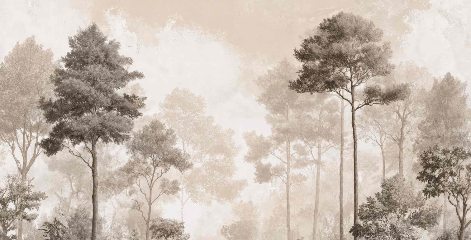 Forêt des Silences – Papier Peint Arbres Enveloppés de Brume Douce en Sépia - Illulart: Papier peint panoramique