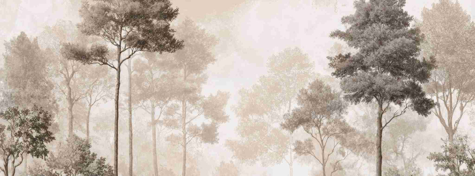 Forêt des Silences – Papier Peint Arbres Enveloppés de Brume Douce en Sépia - Illulart: Papier peint panoramique
