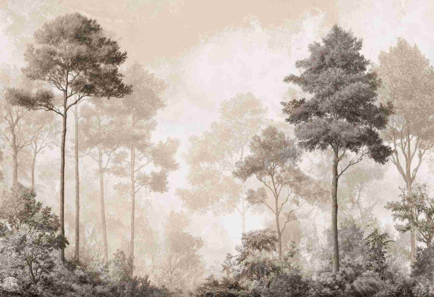 Forêt des Silences – Papier Peint Arbres Enveloppés de Brume Douce en Sépia - Illulart: Papier peint panoramique