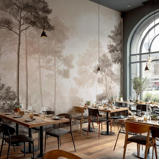 Forêt des Silences – Papier Peint Arbres Enveloppés de Brume Douce en Sépia - Illulart: Papier peint panoramique