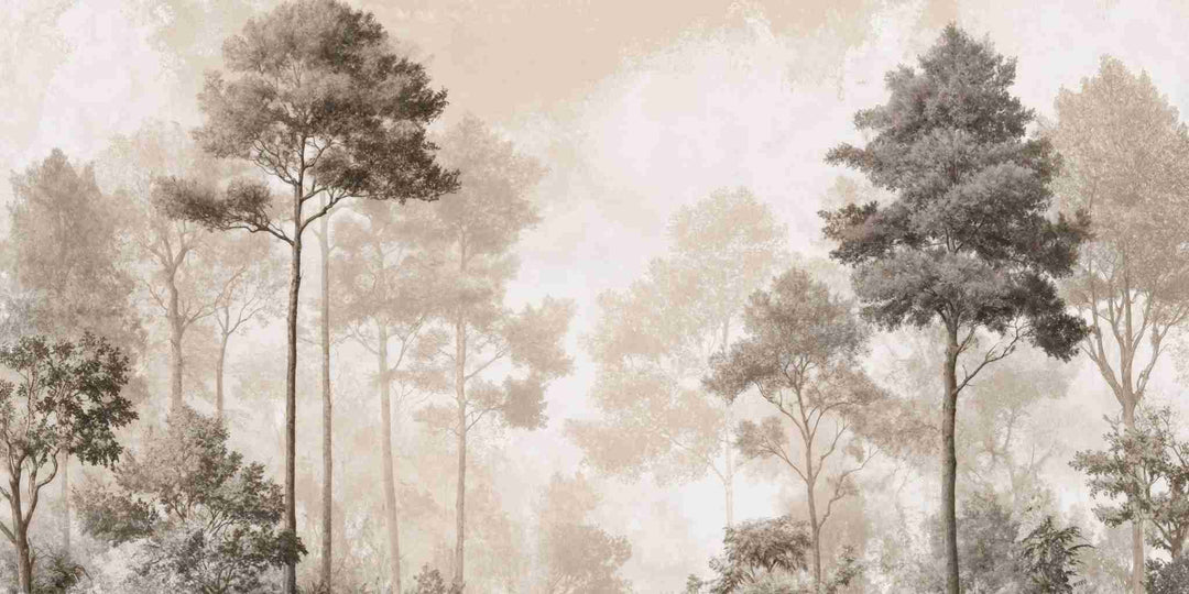 Forêt des Silences – Papier Peint Arbres Enveloppés de Brume Douce en Sépia - Illulart: Papier peint panoramique