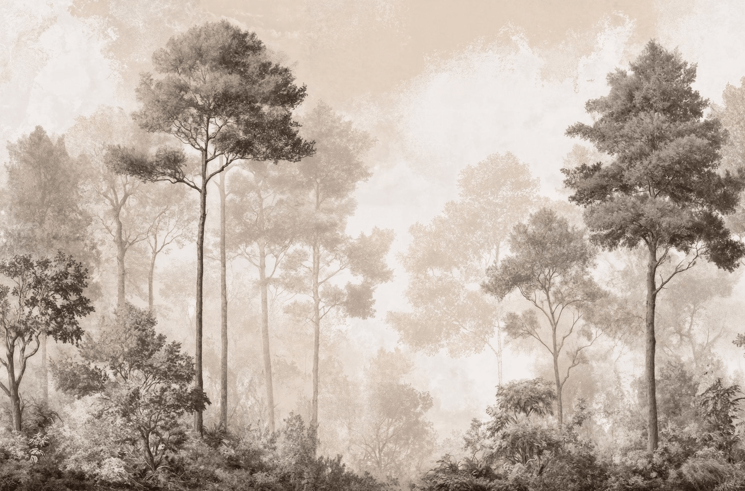 Forêt des Silences – Papier Peint Arbres Enveloppés de Brume Douce en Sépia - Illulart: Papier peint panoramique