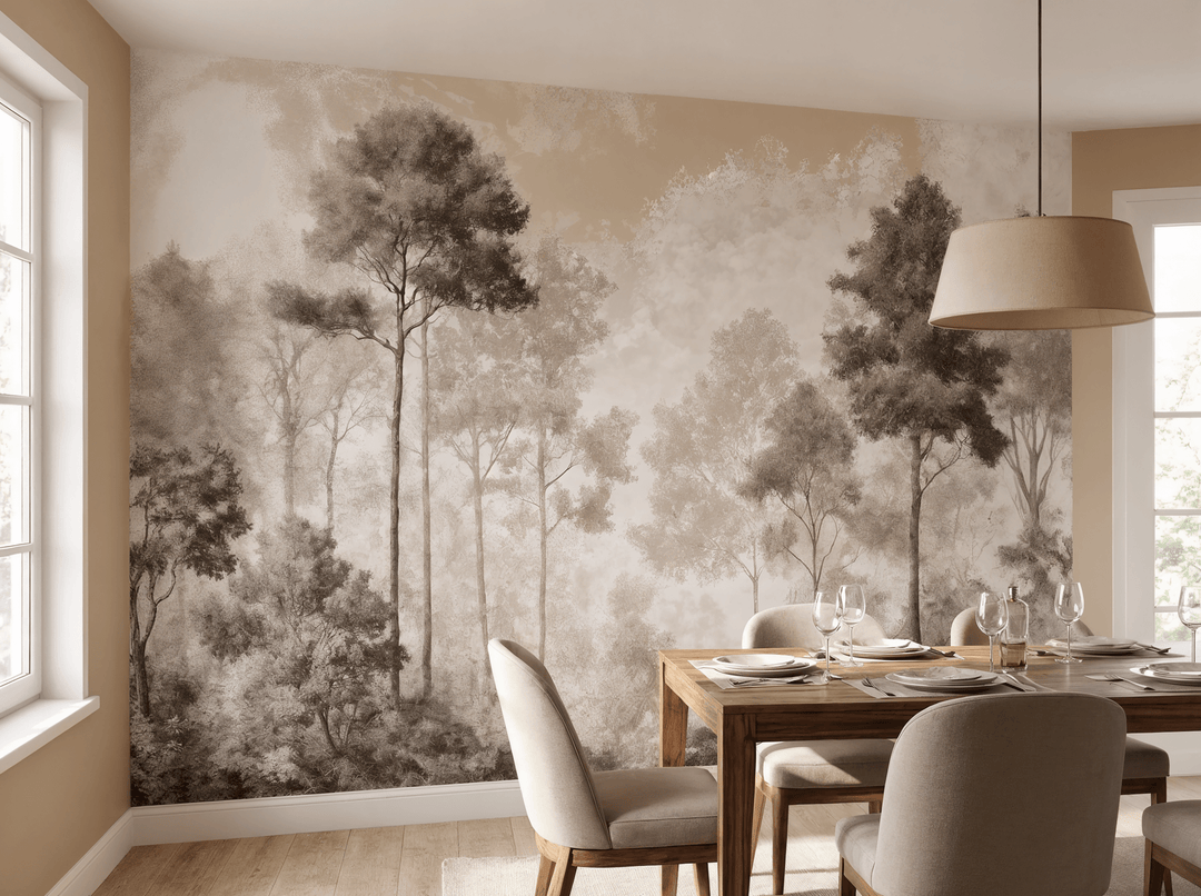 Forêt des Silences – Papier Peint Arbres Enveloppés de Brume Douce en Sépia - Illulart: Papier peint panoramique