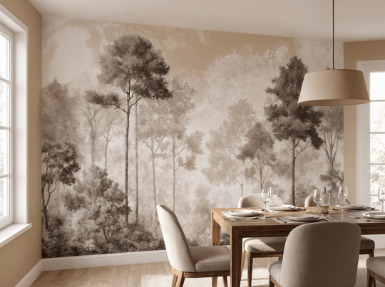 Forêt des Silences – Papier Peint Arbres Enveloppés de Brume Douce en Sépia - Illulart: Papier peint panoramique