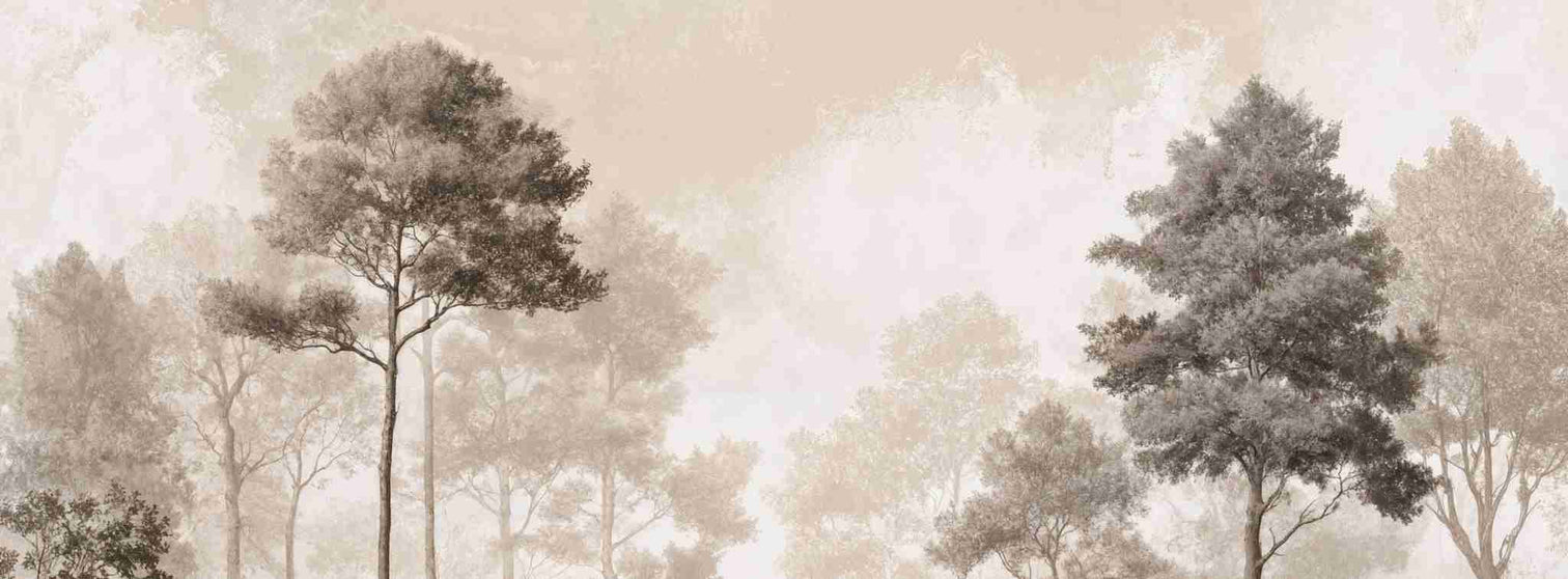 Forêt des Silences – Papier Peint Arbres Enveloppés de Brume Douce en Sépia - Illulart: Papier peint panoramique