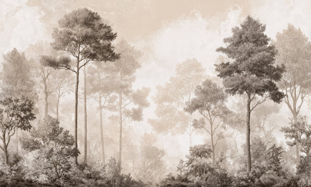 Forêt des Silences – Papier Peint Arbres Enveloppés de Brume Douce en Sépia - Illulart: Papier peint panoramique
