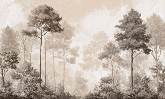 Forêt des Silences – Papier Peint Arbres Enveloppés de Brume Douce en Sépia - Illulart: Papier peint panoramique