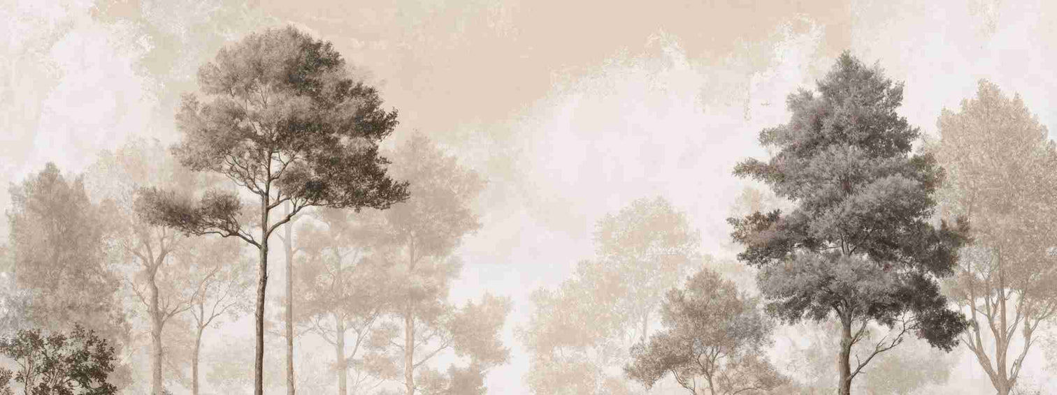 Forêt des Silences – Papier Peint Arbres Enveloppés de Brume Douce en Sépia - Illulart: Papier peint panoramique