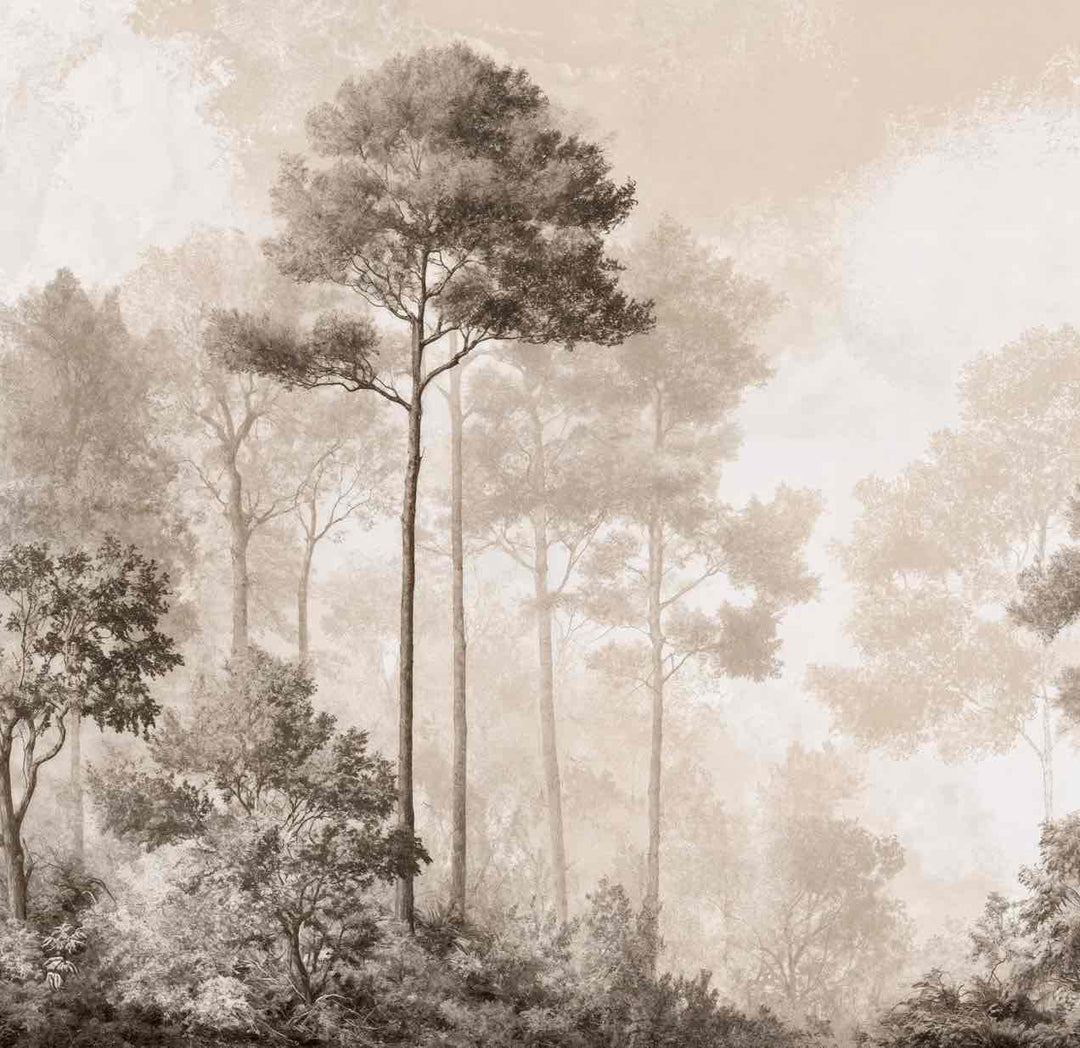 Forêt des Silences – Papier Peint Arbres Enveloppés de Brume Douce en Sépia - Illulart: Papier peint panoramique