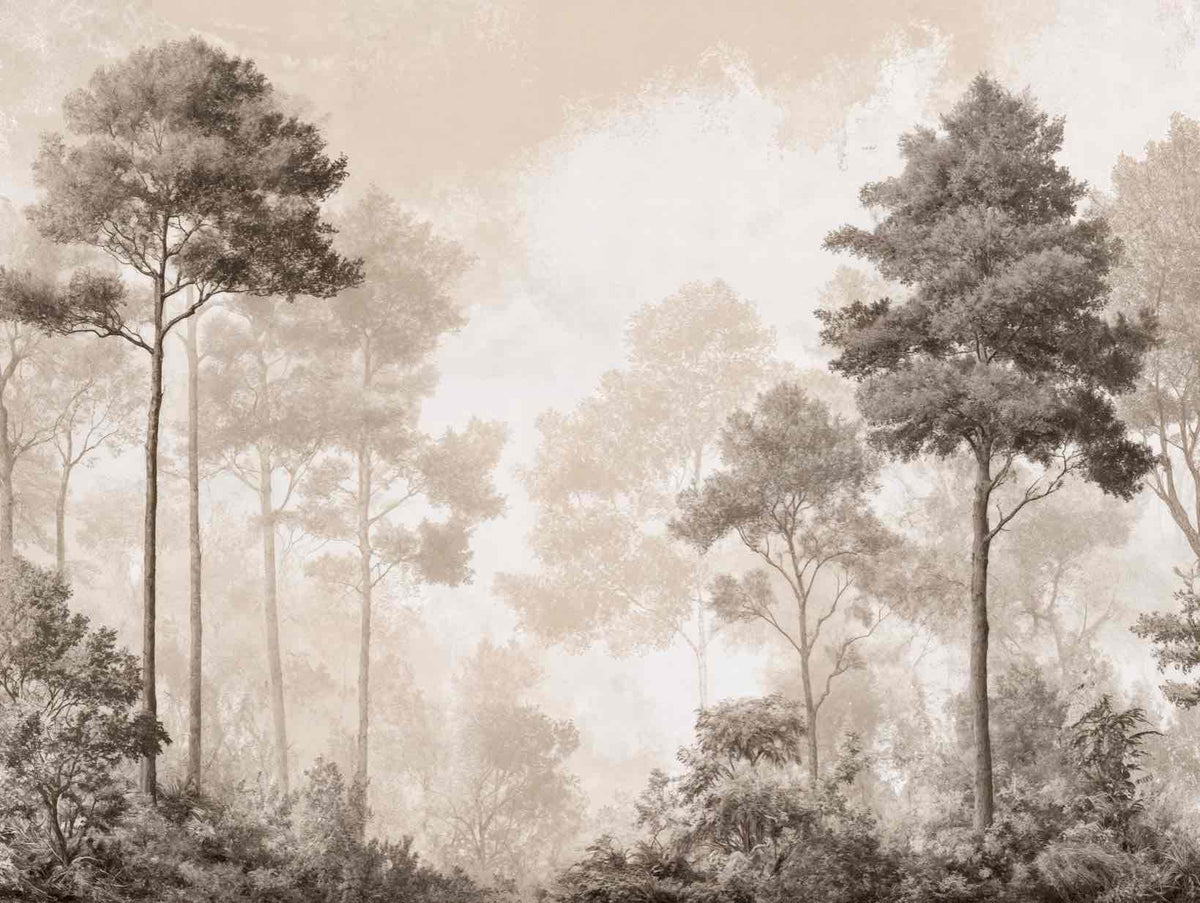 Forêt des Silences – Papier Peint Arbres Enveloppés de Brume Douce en Sépia - Illulart: Papier peint panoramique