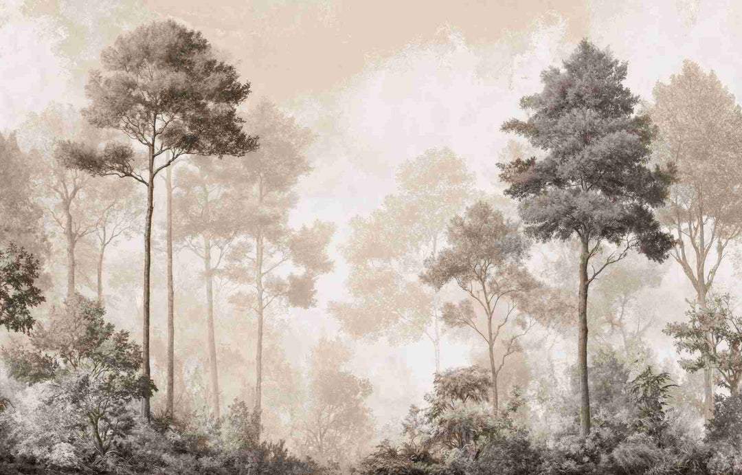 Forêt des Silences – Papier Peint Arbres Enveloppés de Brume Douce en Sépia - Illulart: Papier peint panoramique