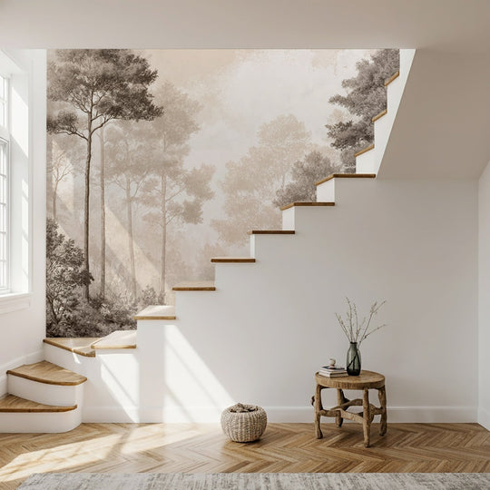 Forêt des Silences – Papier Peint Arbres Enveloppés de Brume Douce en Sépia - Illulart: Papier peint panoramique