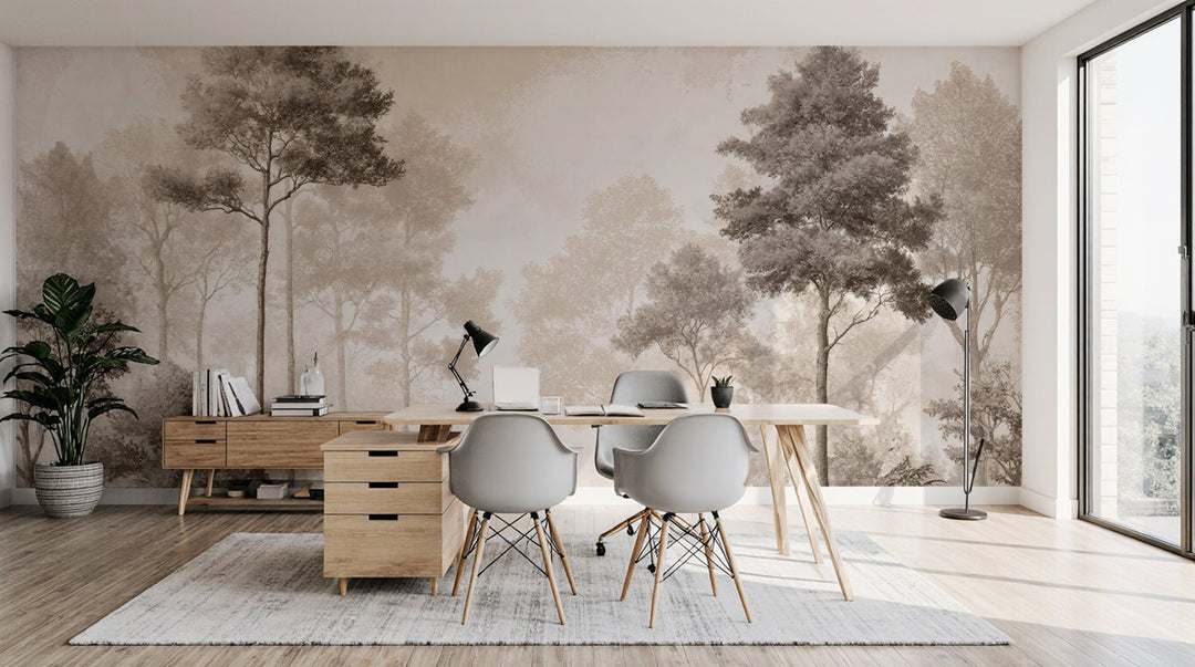 Forêt des Silences – Papier Peint Arbres Enveloppés de Brume Douce en Sépia - Illulart: Papier peint panoramique